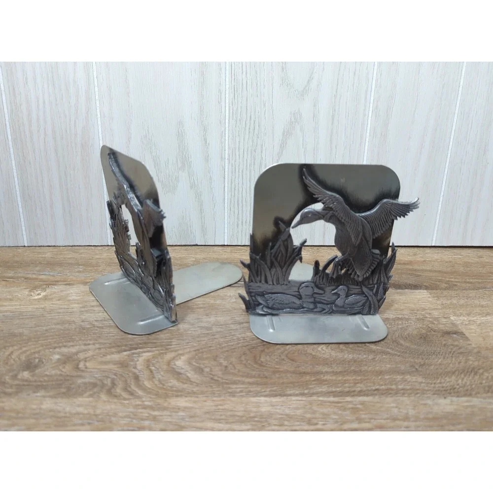 Pewter Metal Mallard Duck Bookends One In Flight Two Swimming‎ Cattails vintage